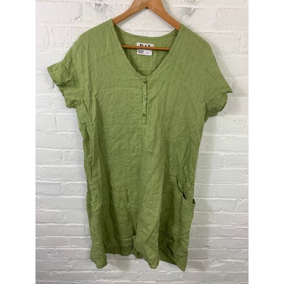 Flax Women's V-Neck Geometric Linen Mini Dress Short Sleeve Green Size Small - Picture 1 of 4